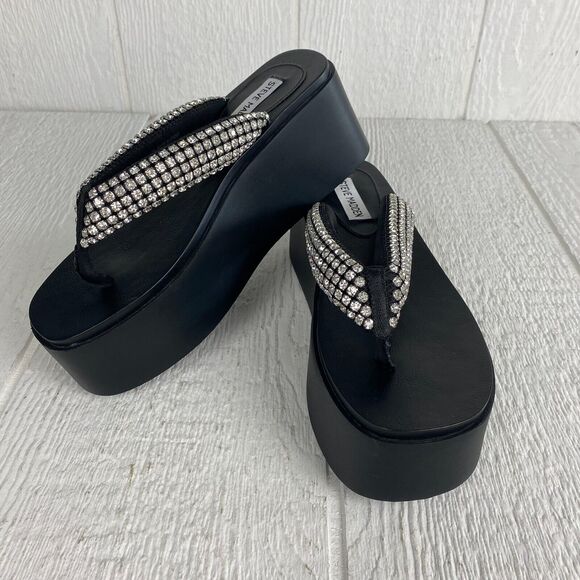 Steve Madden Womens Bands Sandals 8M Black Rhinestone Slip On Thong Platform Y2k - Picture 1 of 12